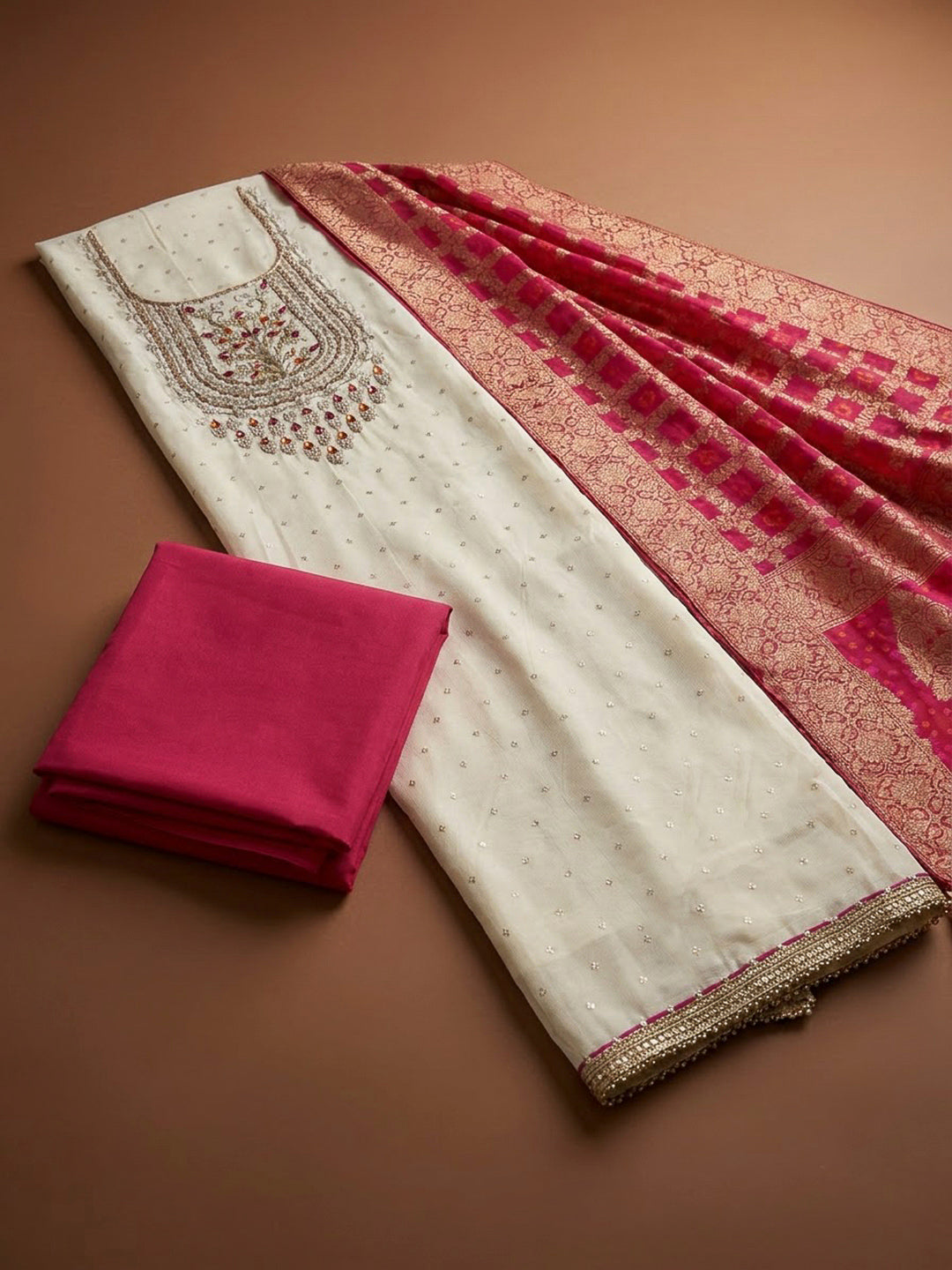 Off White Chanderi Embroidered Unstitched Dress Material