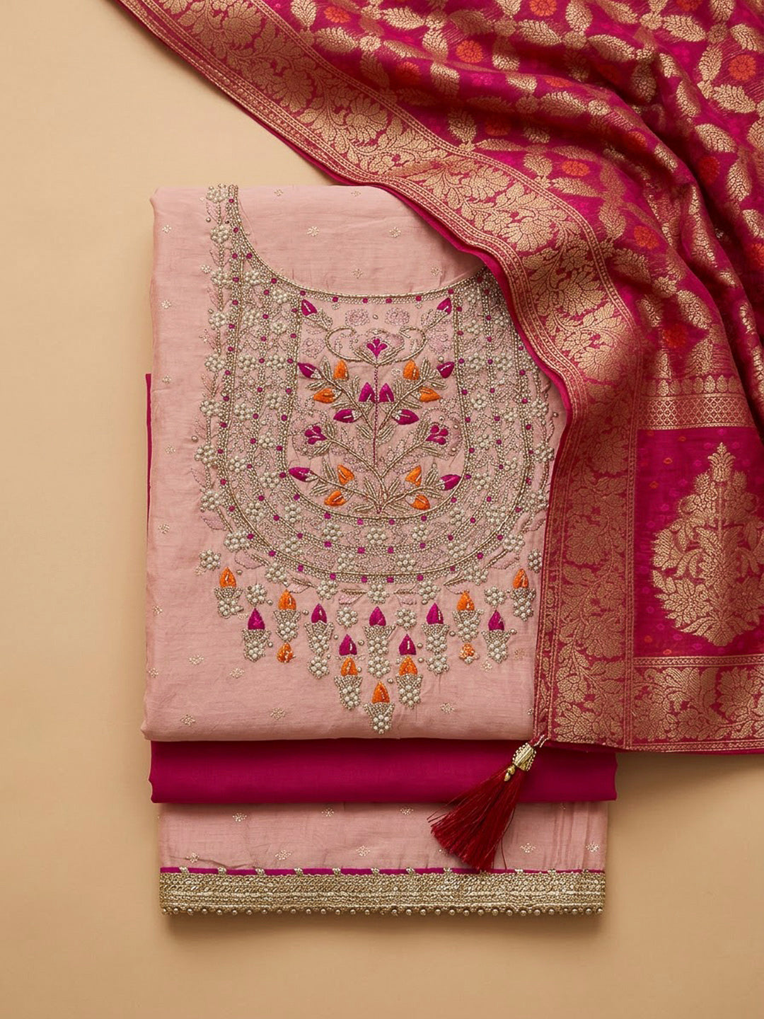 Peach Chanderi Embroidered Unstitched Dress Material