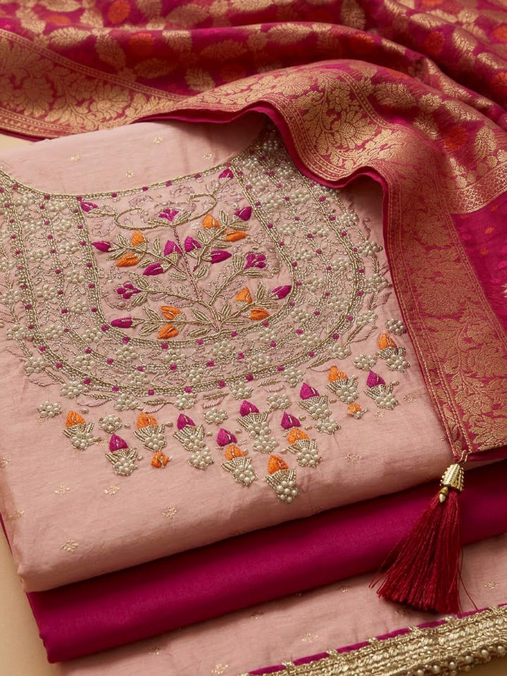 Peach Chanderi Embroidered Unstitched Dress Material