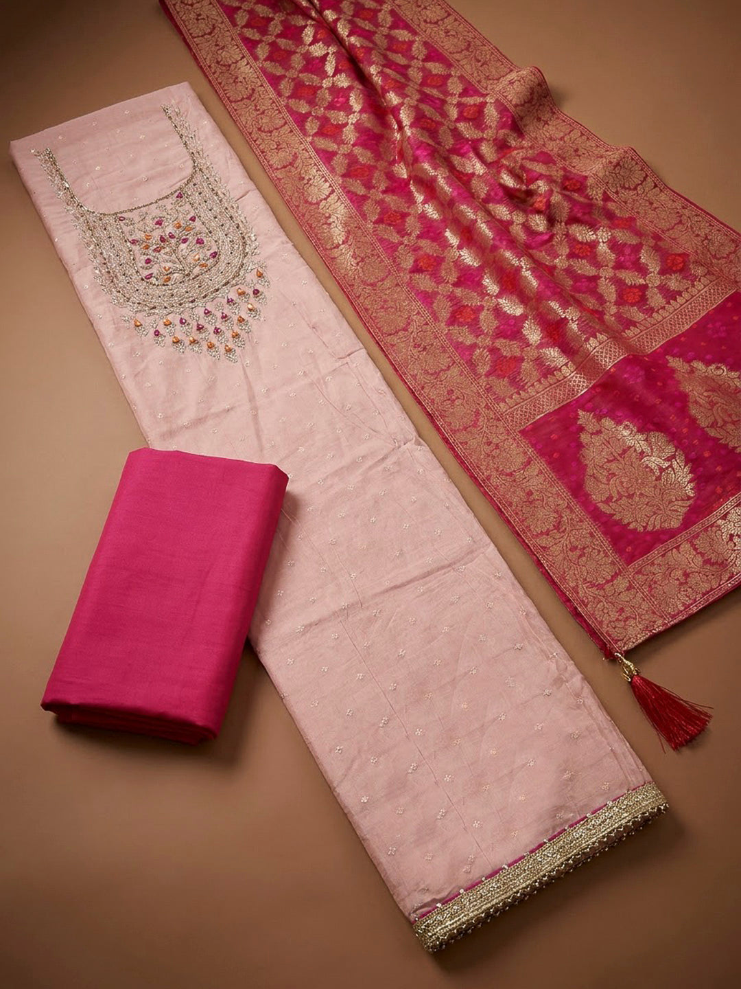 Peach Chanderi Embroidered Unstitched Dress Material