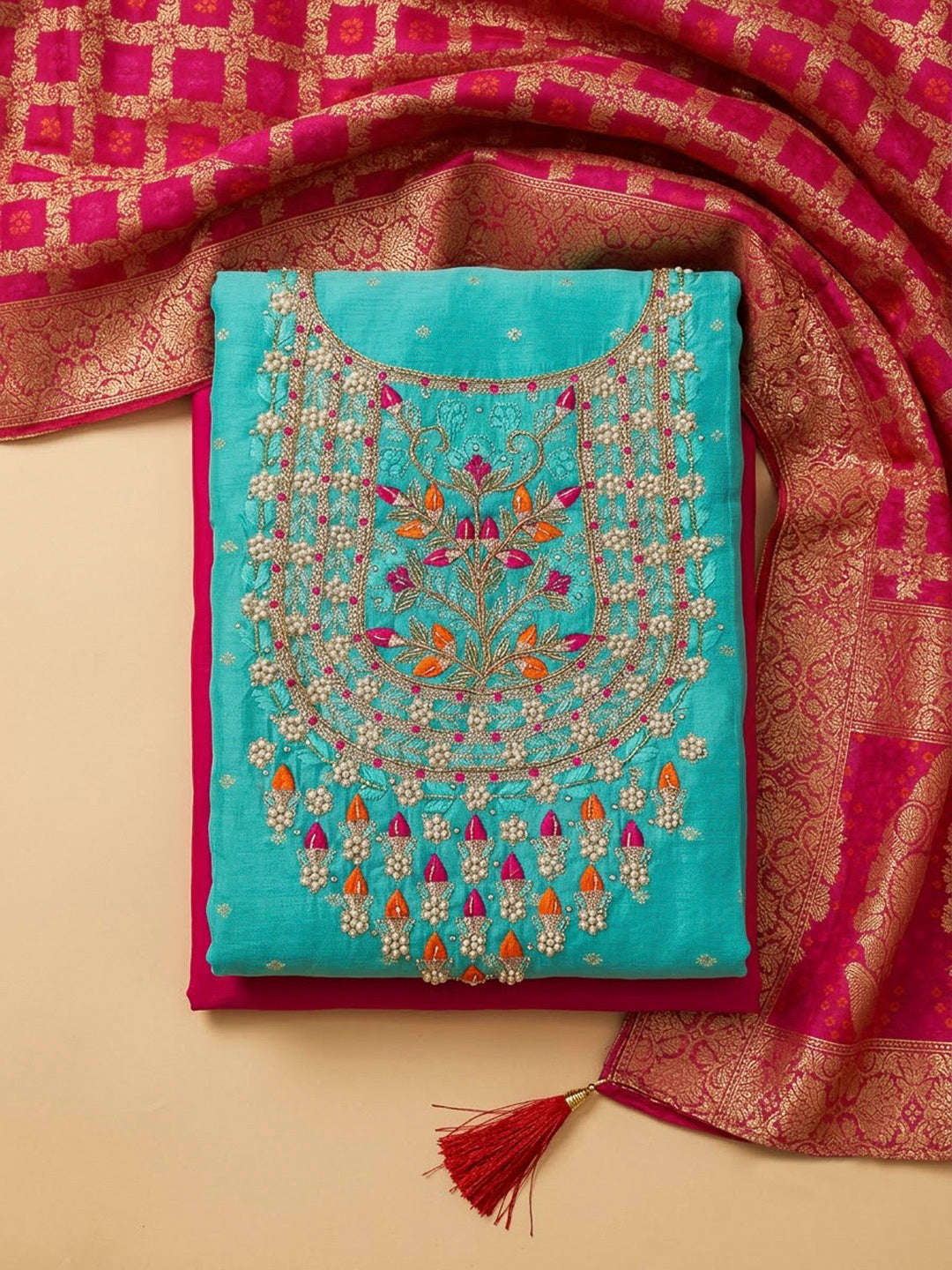Sea Green Chanderi Embroidered Unstitched Dress Material
