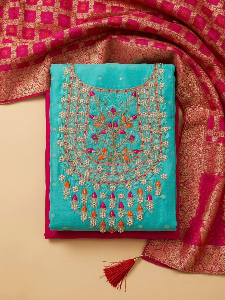 Sea Green Chanderi Embroidered Unstitched Dress Material