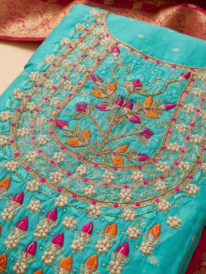 Sea Green Chanderi Embroidered Unstitched Dress Material