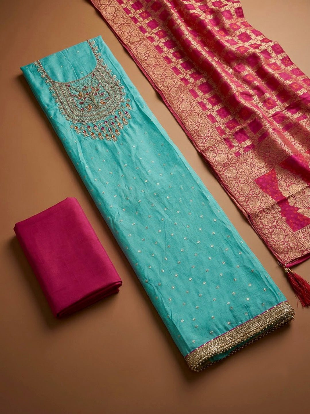 Sea Green Chanderi Embroidered Unstitched Dress Material