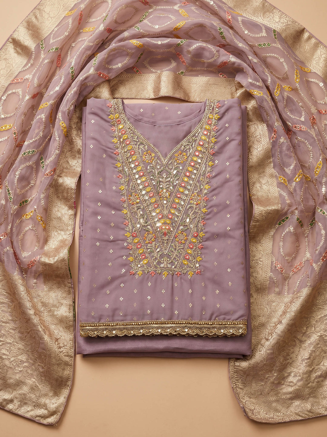 Lavender Embroidered Chanderi Unstitched Suit &amp; Pant With Chanderi Dupatta