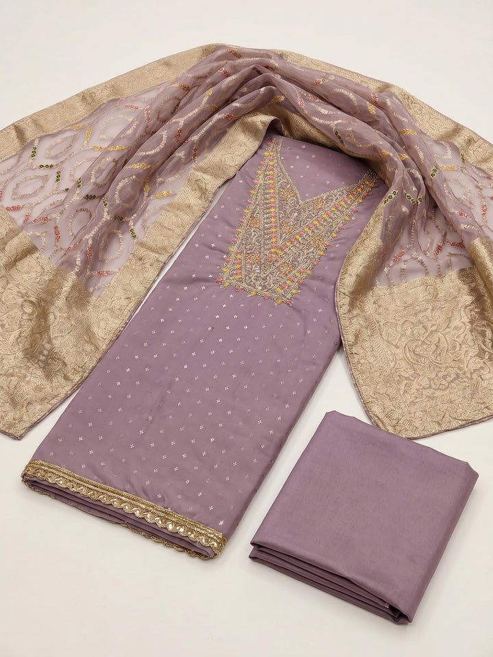 Lavender Embroidered Chanderi Unstitched Suit &amp; Pant With Chanderi Dupatta
