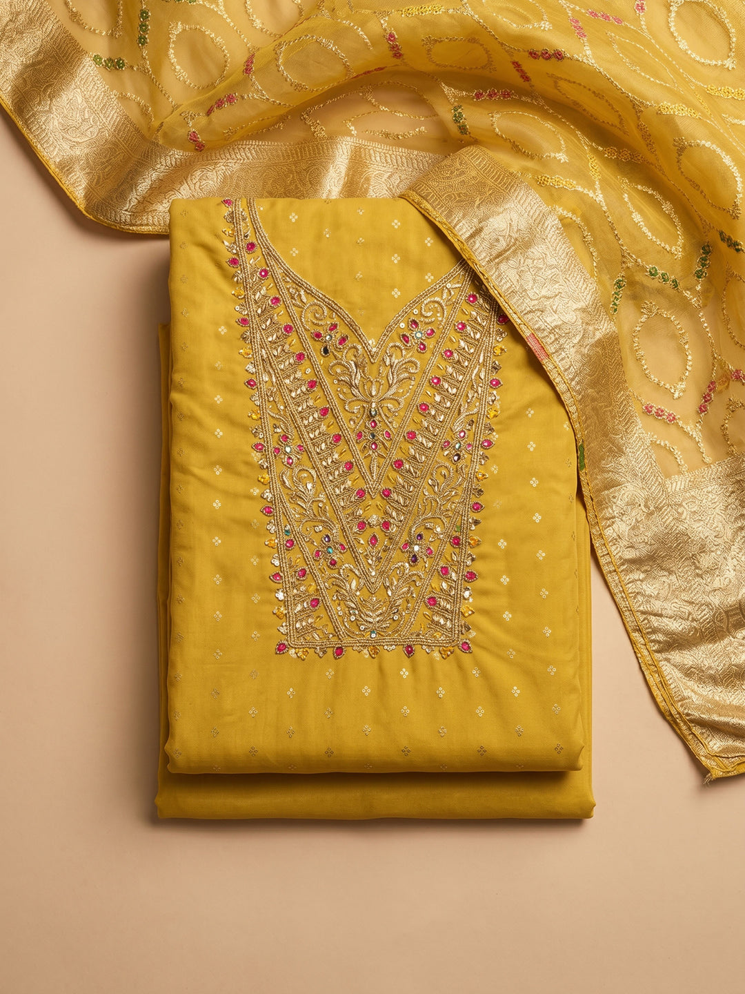 Mustard Embroidered Chanderi Unstitched Suit &amp; Pant With Chanderi Dupatta