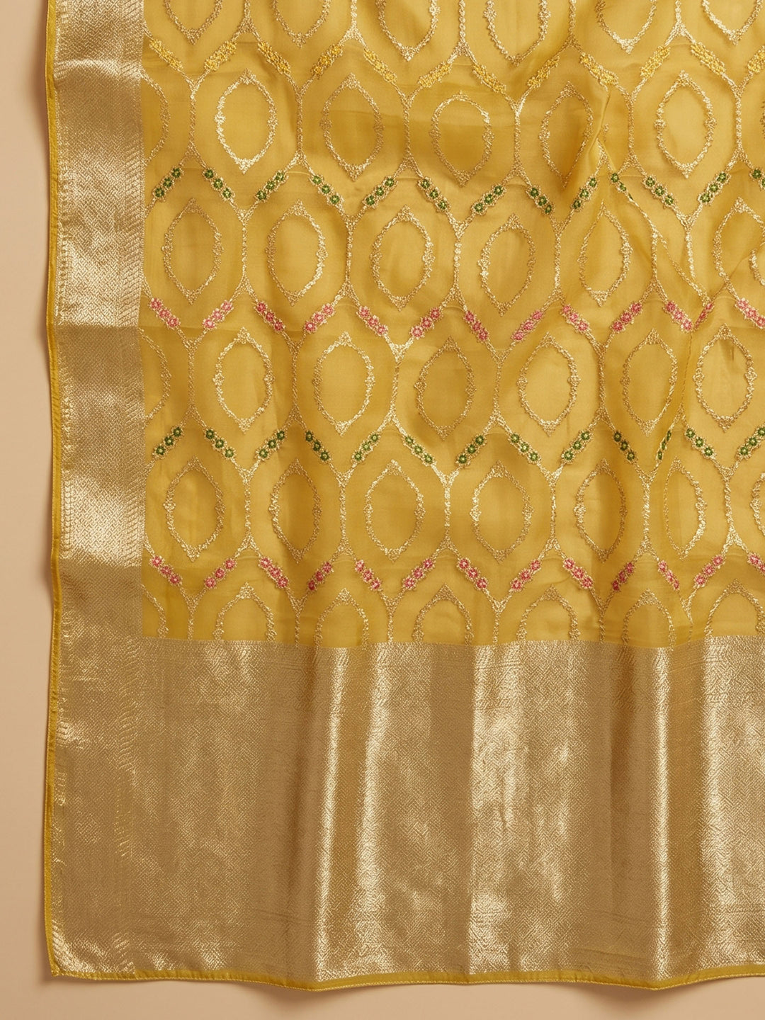 Mustard Embroidered Chanderi Unstitched Suit &amp; Pant With Chanderi Dupatta