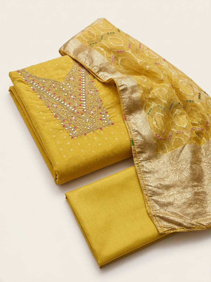 Mustard Embroidered Chanderi Unstitched Suit &amp; Pant With Chanderi Dupatta