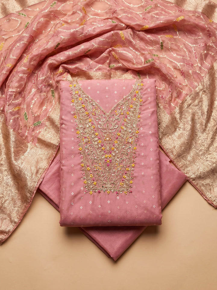 Peach Embroidered Chanderi Unstitched Suit &amp; Pant With Chanderi Dupatta