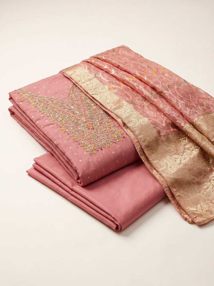Peach Embroidered Chanderi Unstitched Suit &amp; Pant With Chanderi Dupatta