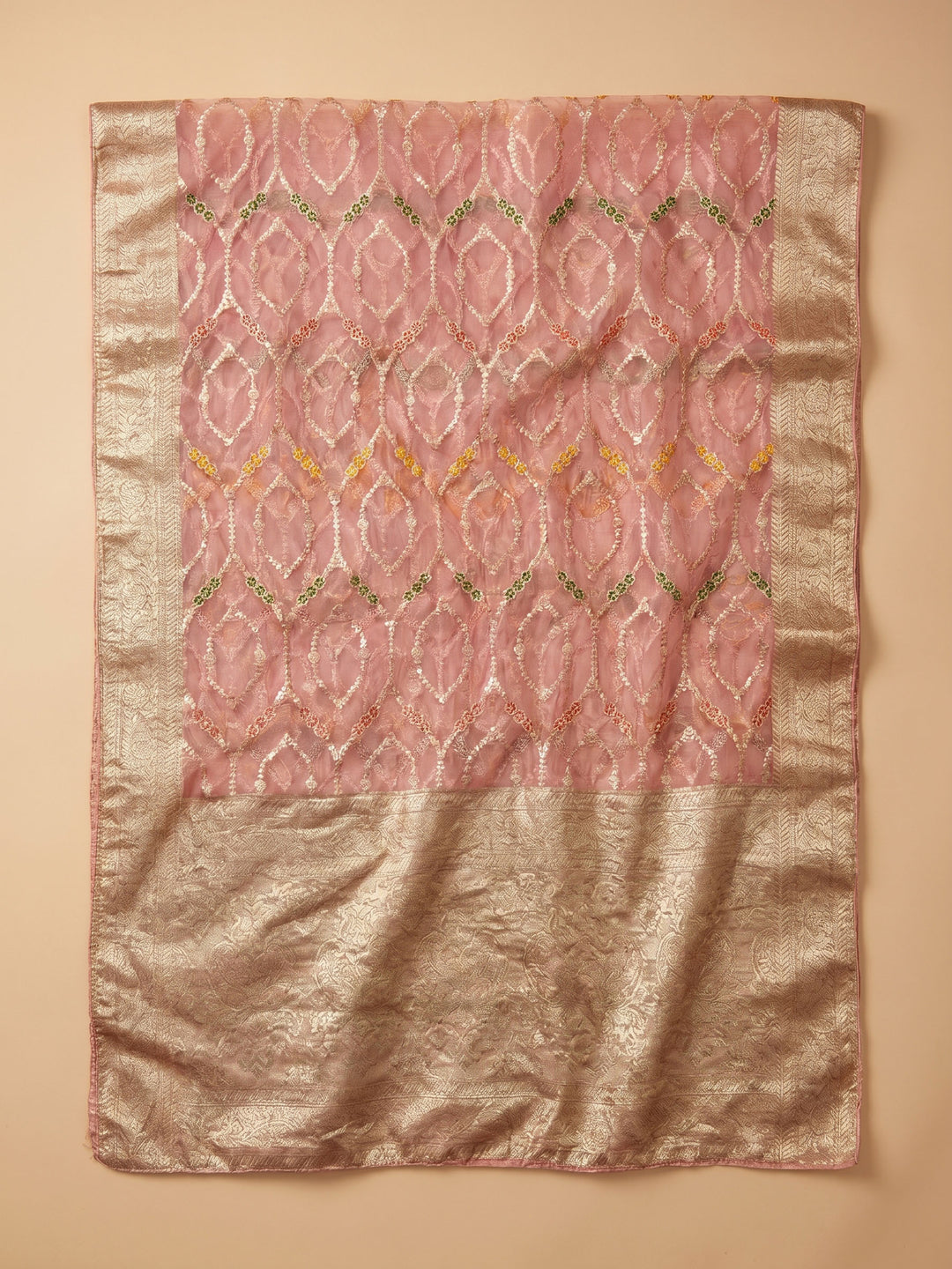 Peach Embroidered Chanderi Unstitched Suit &amp; Pant With Chanderi Dupatta
