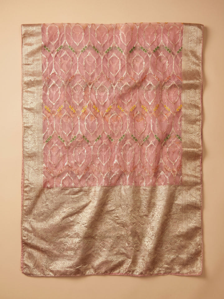 Peach Embroidered Chanderi Unstitched Suit &amp; Pant With Chanderi Dupatta