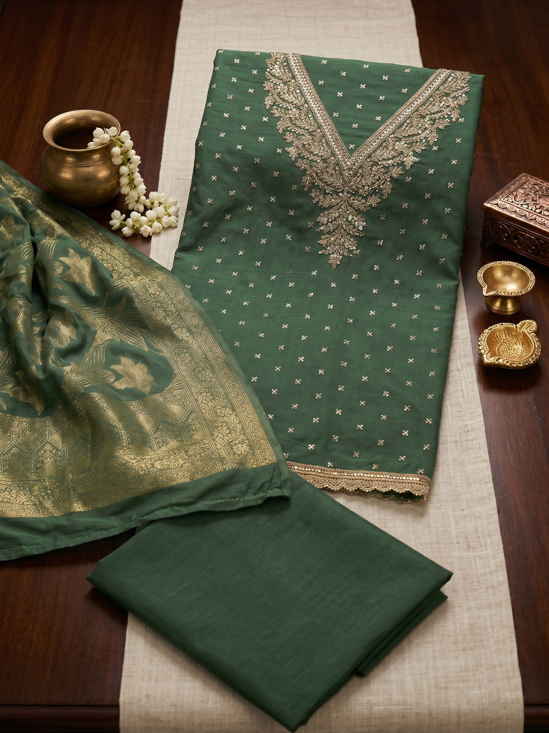 Green Embroidered Chanderi Unstitched Suit &amp; Pant With Chanderi Dupatta