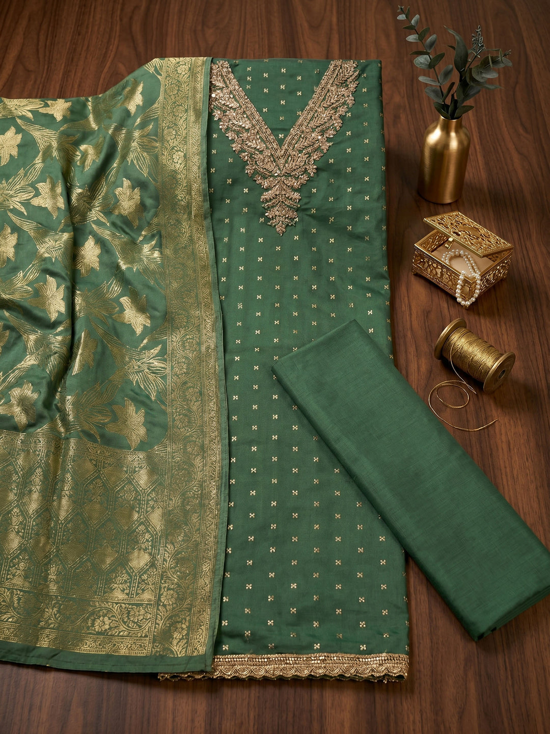 Green Embroidered Chanderi Unstitched Suit &amp; Pant With Chanderi Dupatta