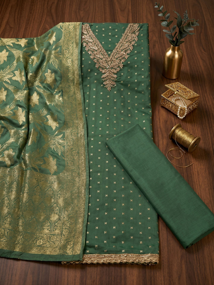 Green Embroidered Chanderi Unstitched Suit &amp; Pant With Chanderi Dupatta