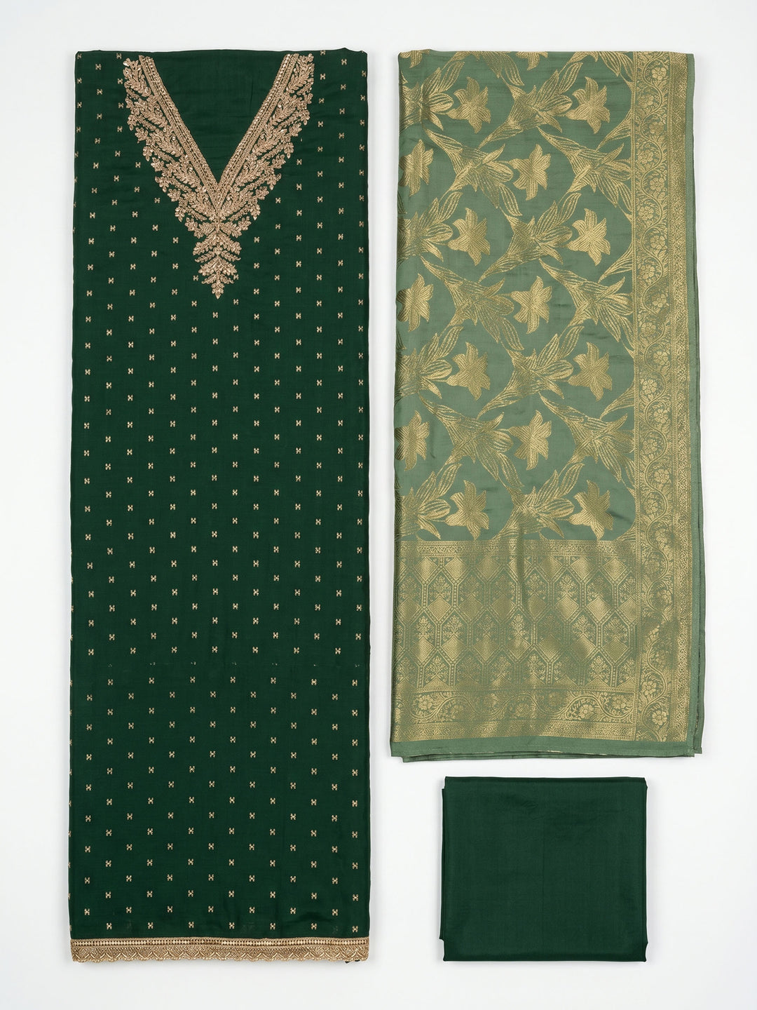 Green Embroidered Chanderi Unstitched Suit &amp; Pant With Chanderi Dupatta
