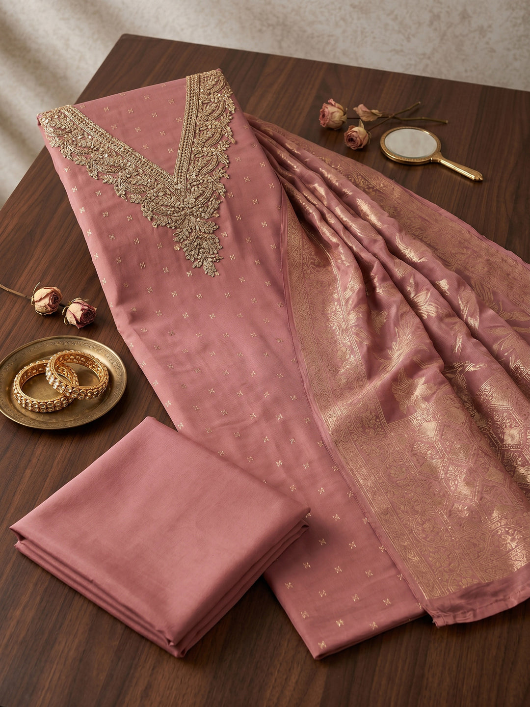 Pink Embroidered Chanderi Unstitched Suit &amp; Pant With Chanderi Dupatta