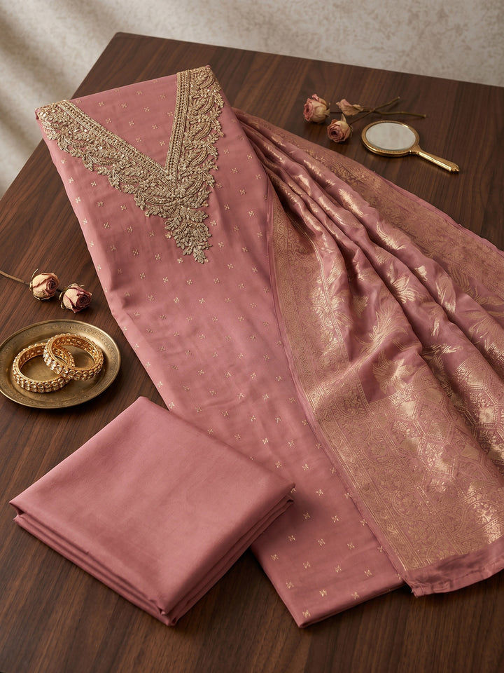 Pink Embroidered Chanderi Unstitched Suit &amp; Pant With Chanderi Dupatta