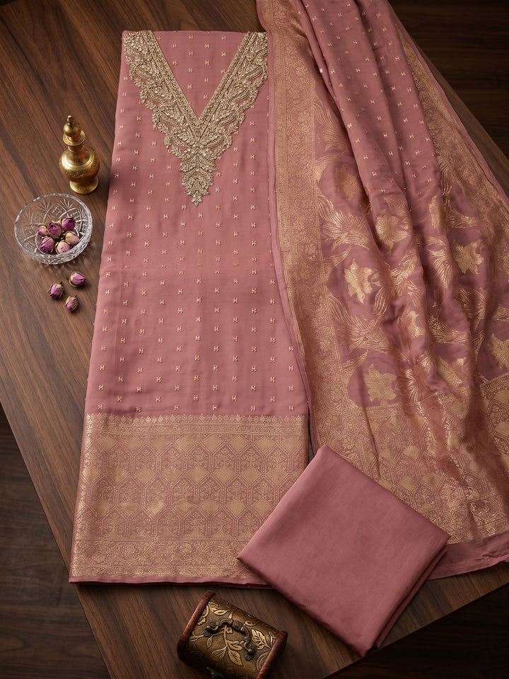 Pink Embroidered Chanderi Unstitched Suit &amp; Pant With Chanderi Dupatta