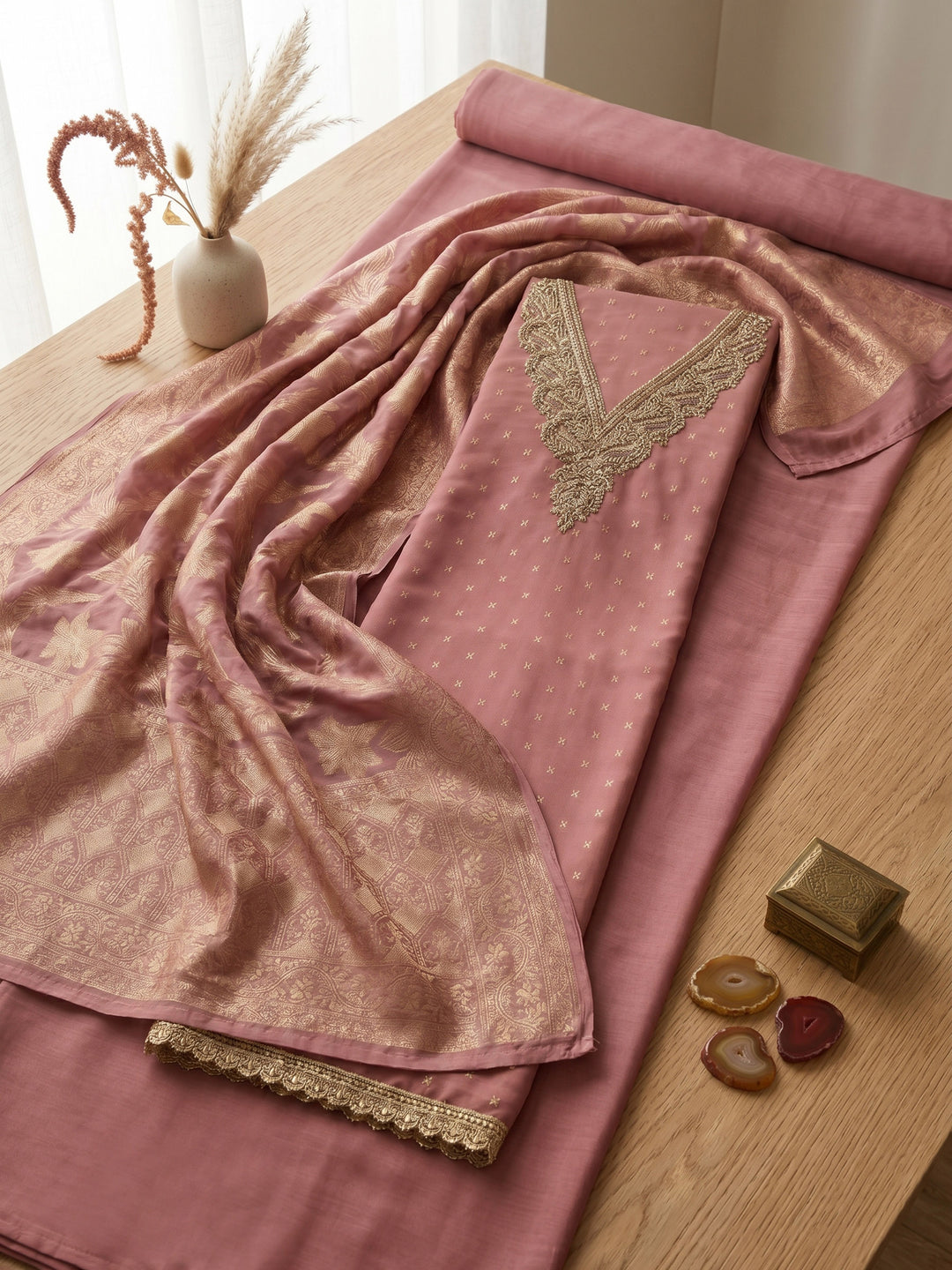 Pink Embroidered Chanderi Unstitched Suit &amp; Pant With Chanderi Dupatta