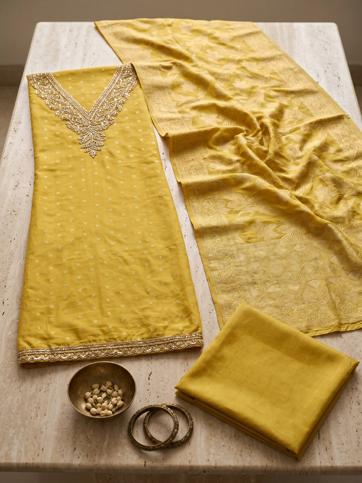 Yellow Embroidered Chanderi Unstitched Suit &amp; Pant With Chanderi Dupatta