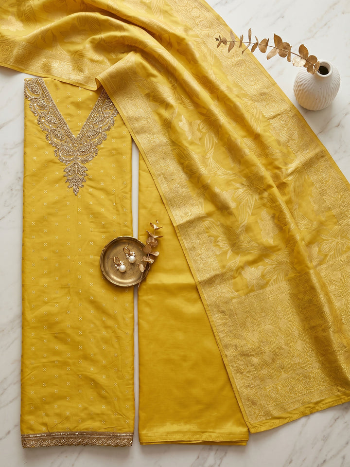 Yellow Embroidered Chanderi Unstitched Suit &amp; Pant With Chanderi Dupatta