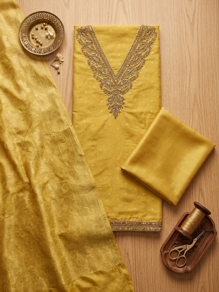 Yellow Embroidered Chanderi Unstitched Suit &amp; Pant With Chanderi Dupatta