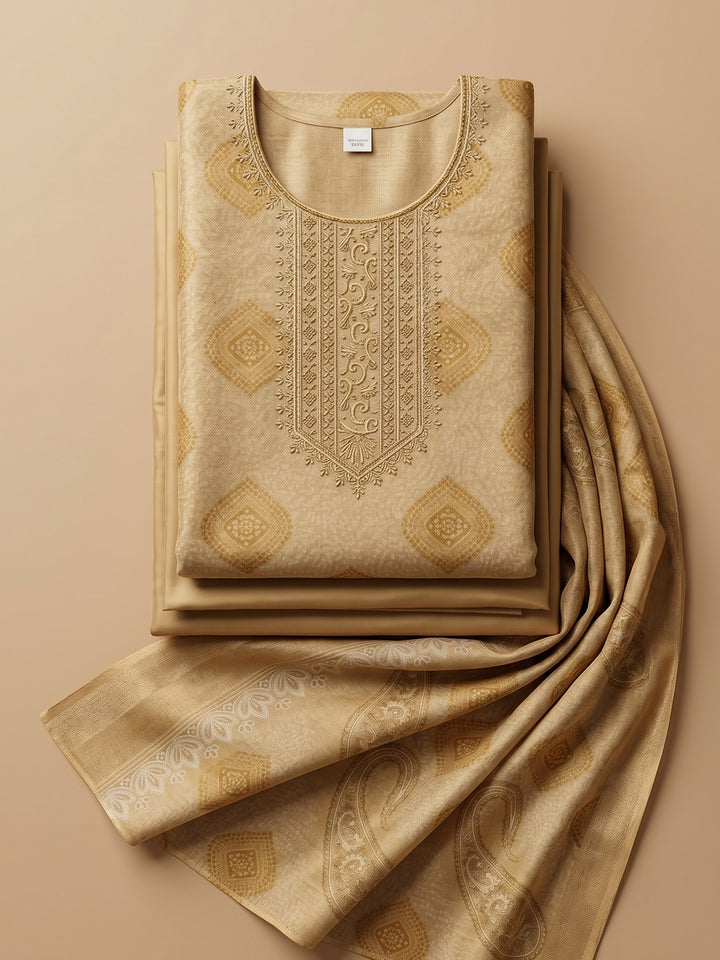 Golden Beige Embroidered Tissue Unstitched Suit &amp; Pant With Tissue Dupatta