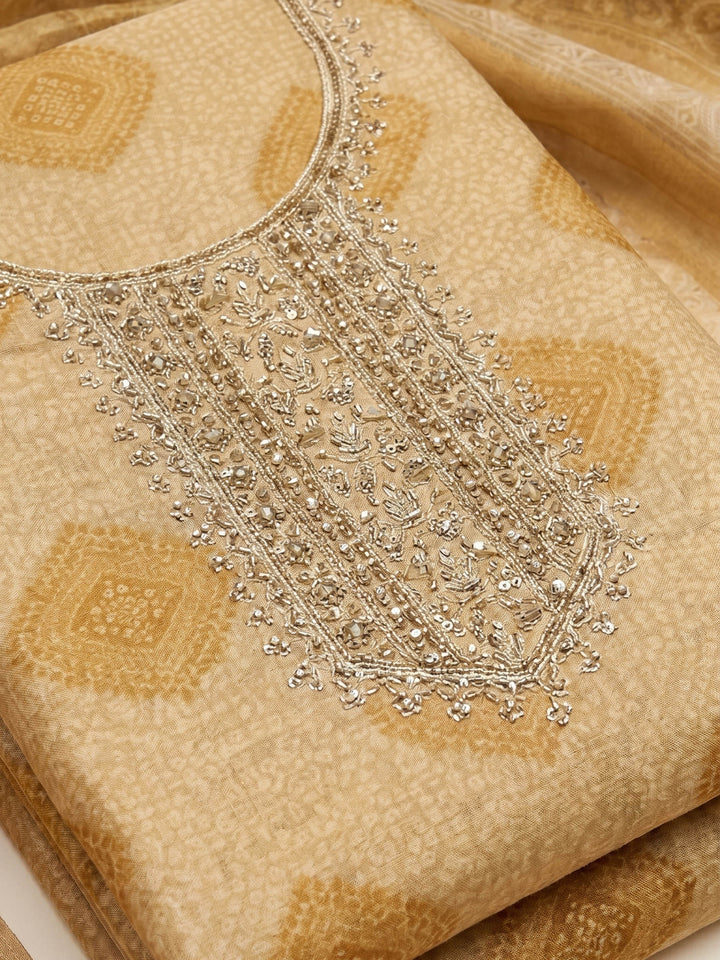 Golden Beige Embroidered Tissue Unstitched Suit &amp; Pant With Tissue Dupatta