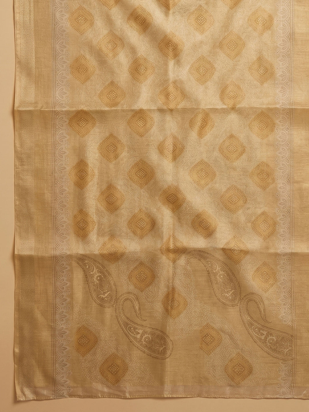 Golden Beige Embroidered Tissue Unstitched Suit &amp; Pant With Tissue Dupatta