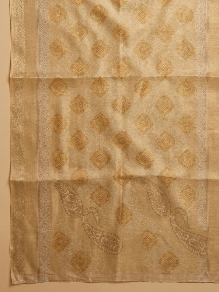 Golden Beige Embroidered Tissue Unstitched Suit &amp; Pant With Tissue Dupatta