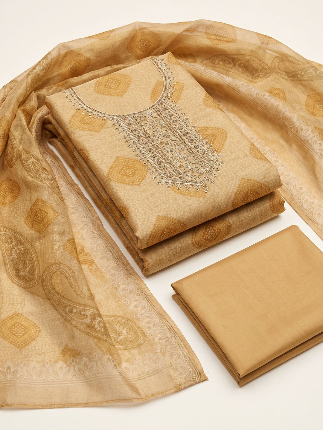 Golden Beige Embroidered Tissue Unstitched Suit &amp; Pant With Tissue Dupatta
