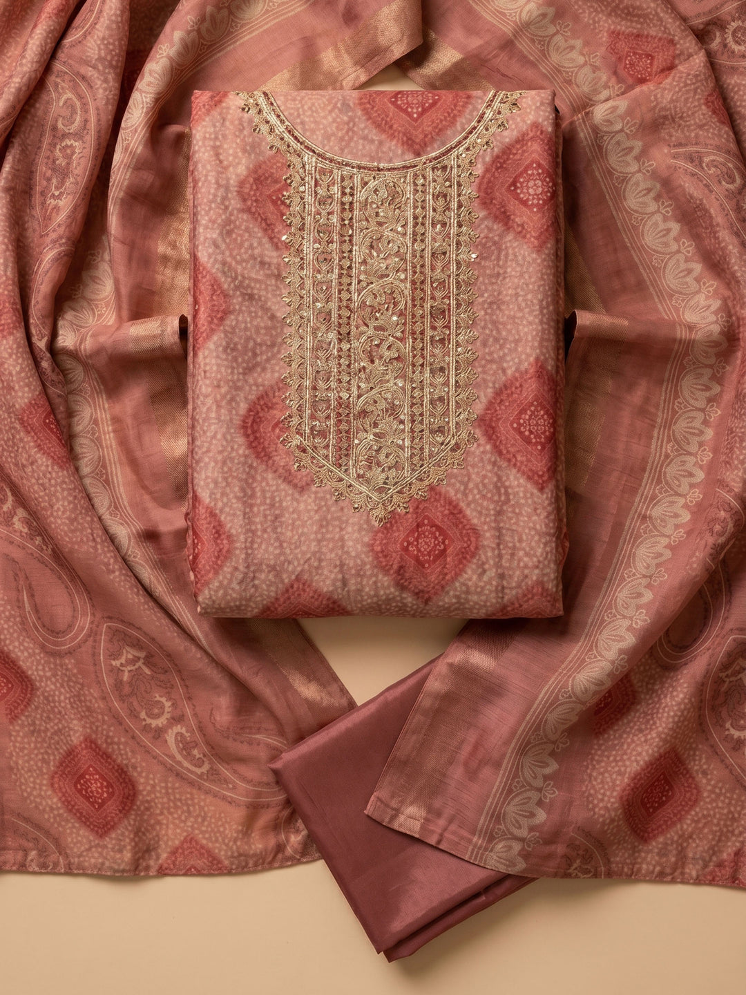 Onion Pink Embroidered Tissue Unstitched Suit &amp; Pant With Tissue Dupatta