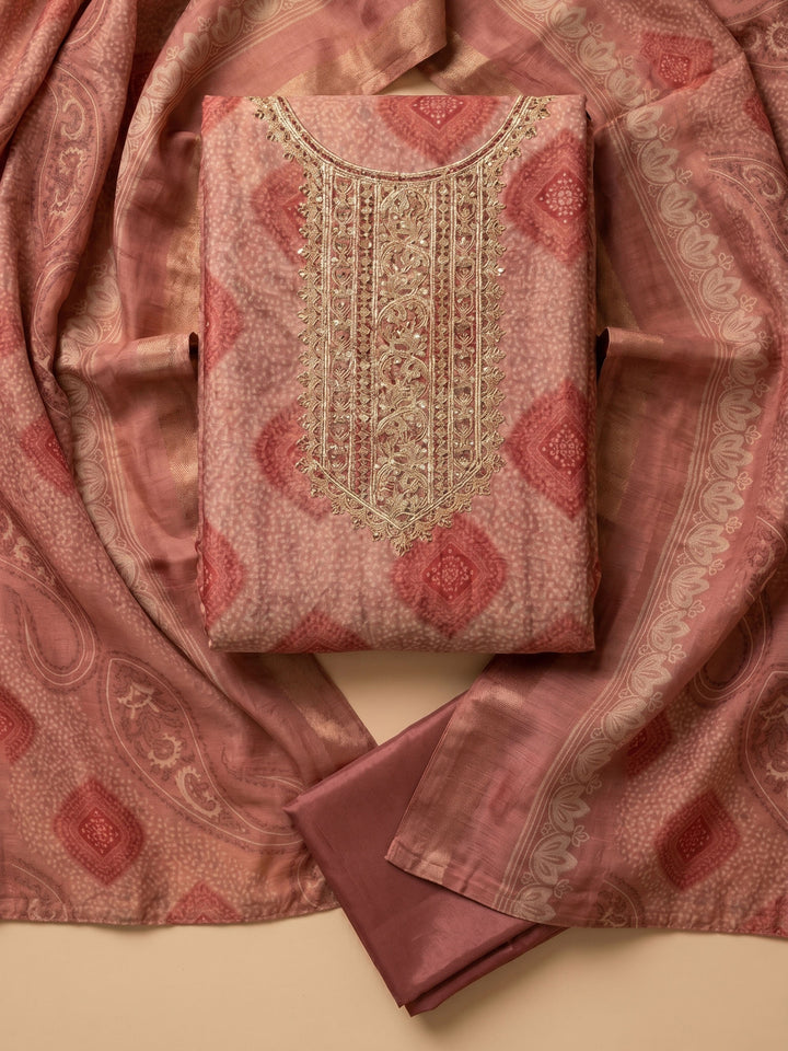 Onion Pink Embroidered Tissue Unstitched Suit &amp; Pant With Tissue Dupatta