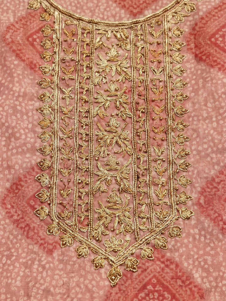 Onion Pink Embroidered Tissue Unstitched Suit &amp; Pant With Tissue Dupatta