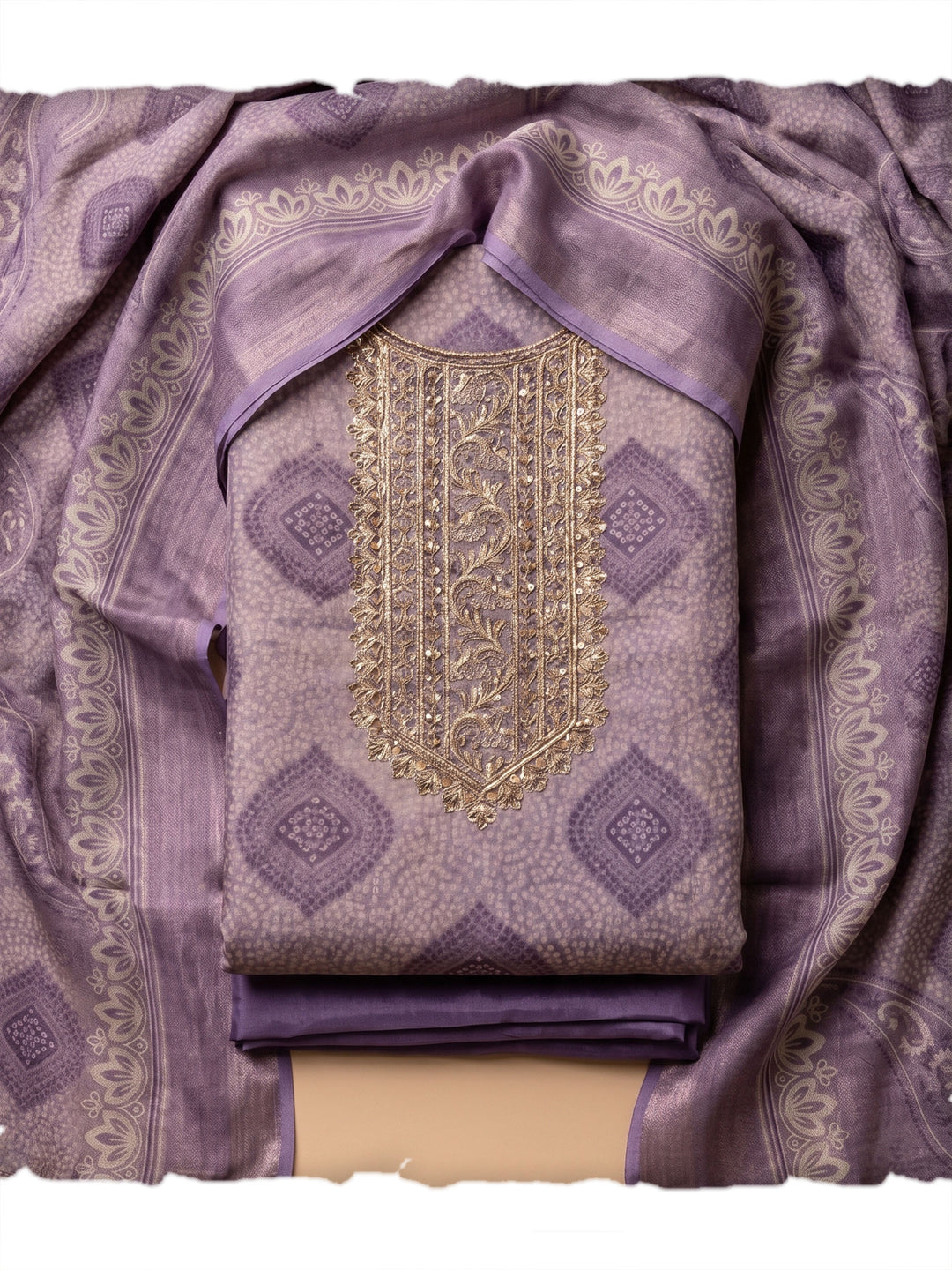 Purple Embroidered Tissue Unstitched Suit &amp; Pant With Tissue Dupatta