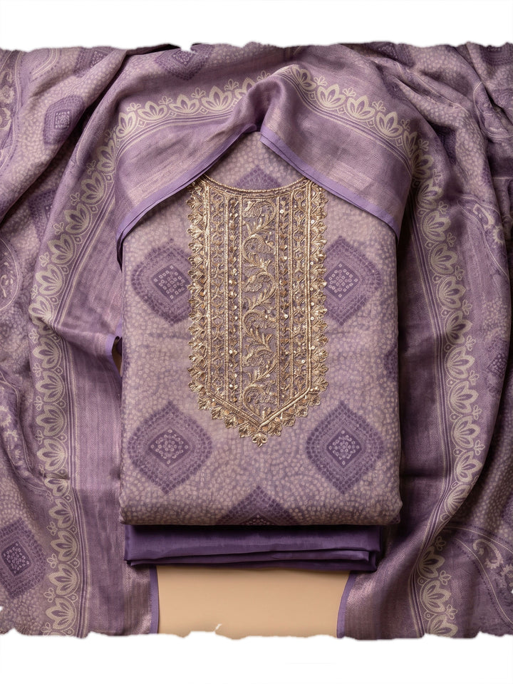 Purple Embroidered Tissue Unstitched Suit &amp; Pant With Tissue Dupatta