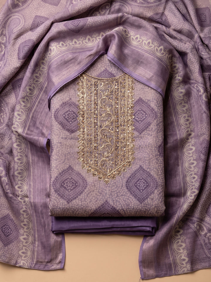 Purple Embroidered Tissue Unstitched Suit &amp; Pant With Tissue Dupatta
