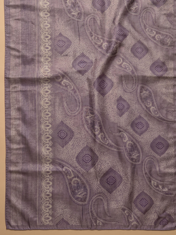 Purple Embroidered Tissue Unstitched Suit &amp; Pant With Tissue Dupatta