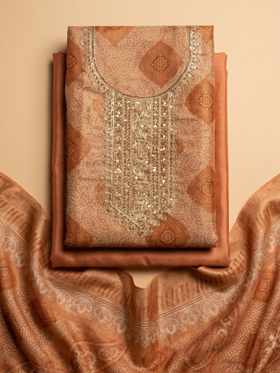 Rust Embroidered Tissue Unstitched Suit &amp; Pant With Tissue Dupatta