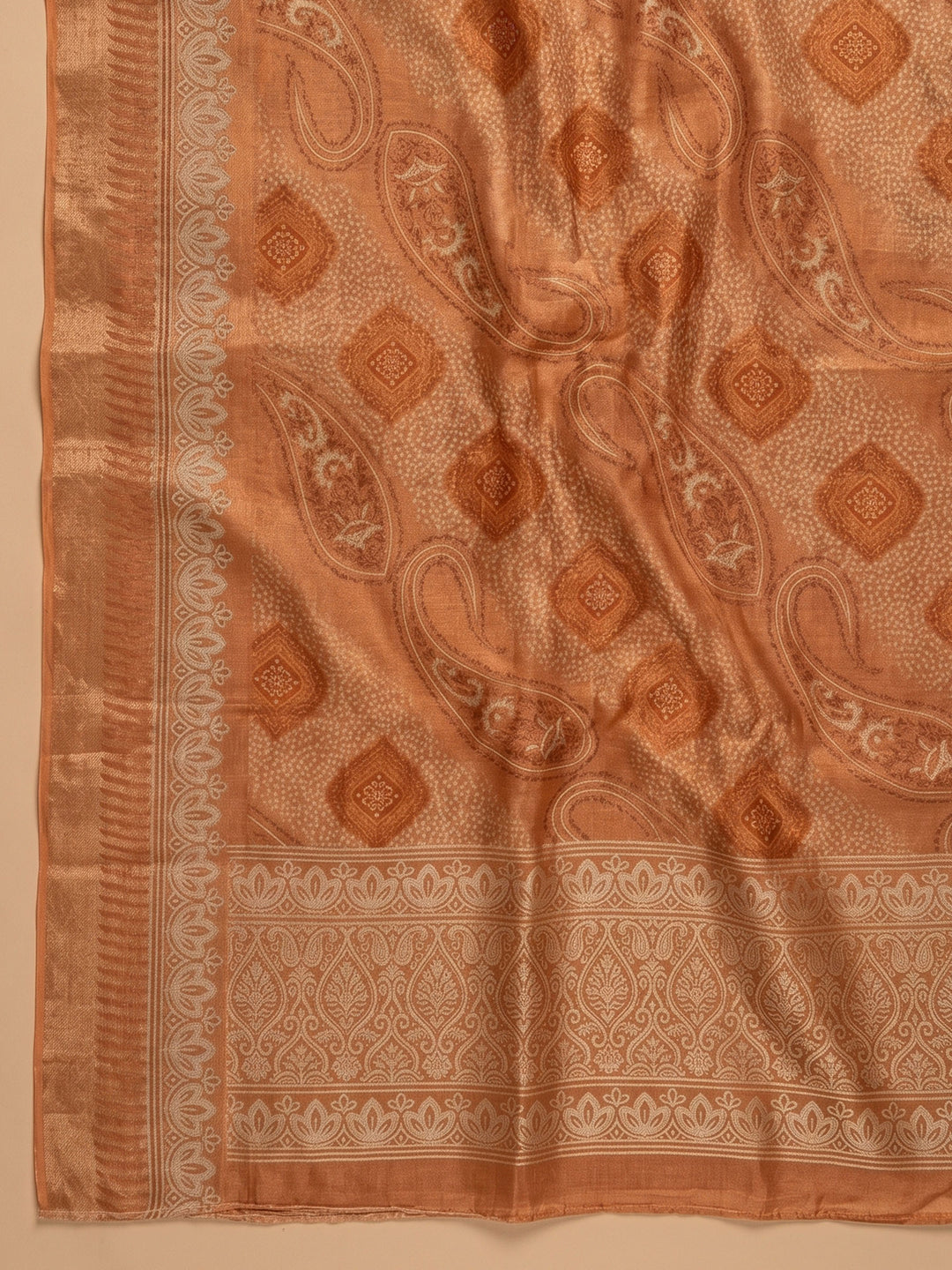Rust Embroidered Tissue Unstitched Suit &amp; Pant With Tissue Dupatta