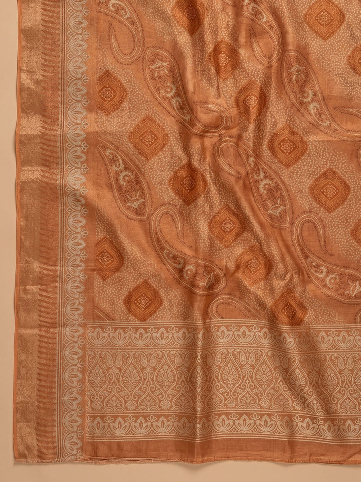 Rust Embroidered Tissue Unstitched Suit &amp; Pant With Tissue Dupatta