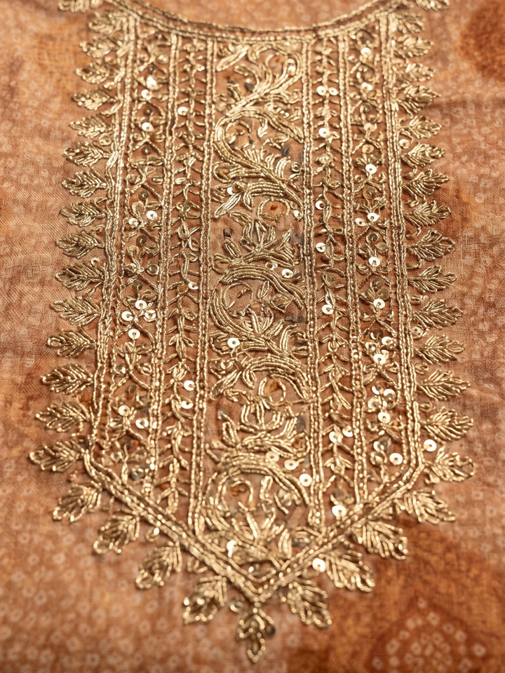 Rust Embroidered Tissue Unstitched Suit &amp; Pant With Tissue Dupatta