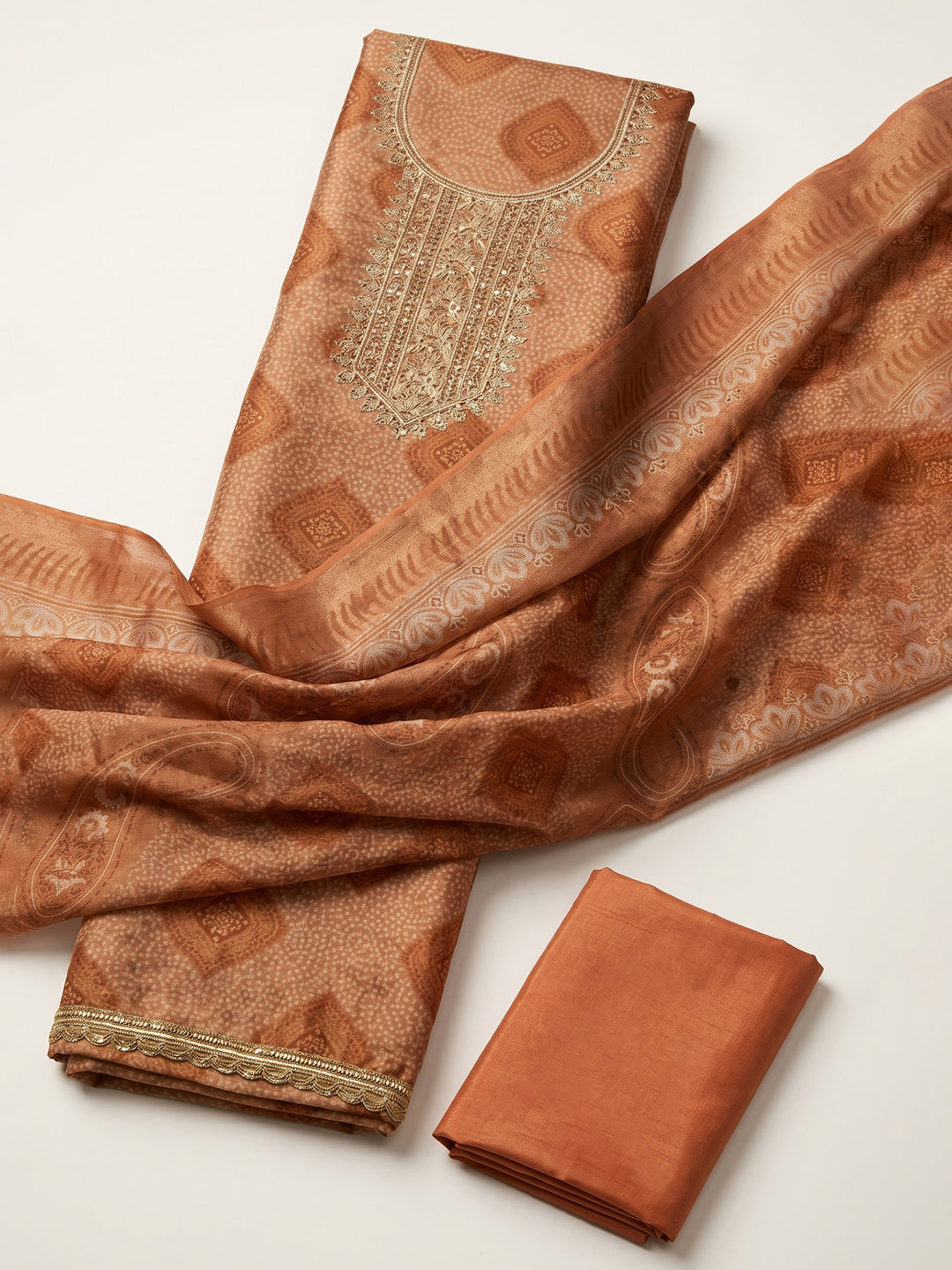 Rust Embroidered Tissue Unstitched Suit &amp; Pant With Tissue Dupatta