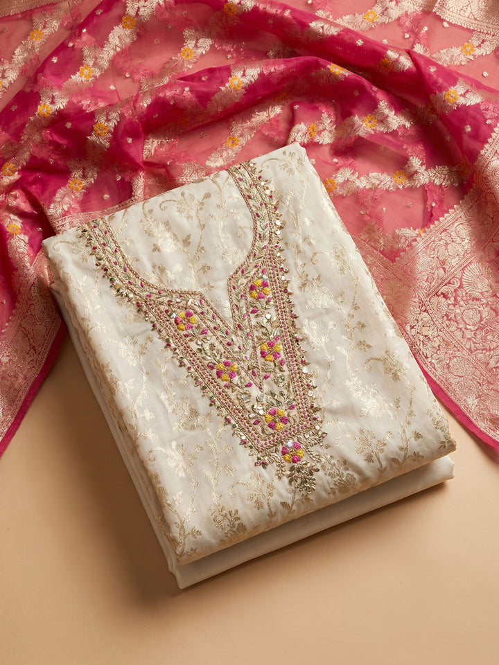 Cream Rani Embroidered Chanderi Unstitched Suit &amp; Pant With Chanderi Dupatta