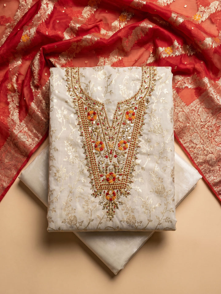 Cream Red Embroidered Chanderi Unstitched Suit &amp; Pant With Chanderi Dupatta