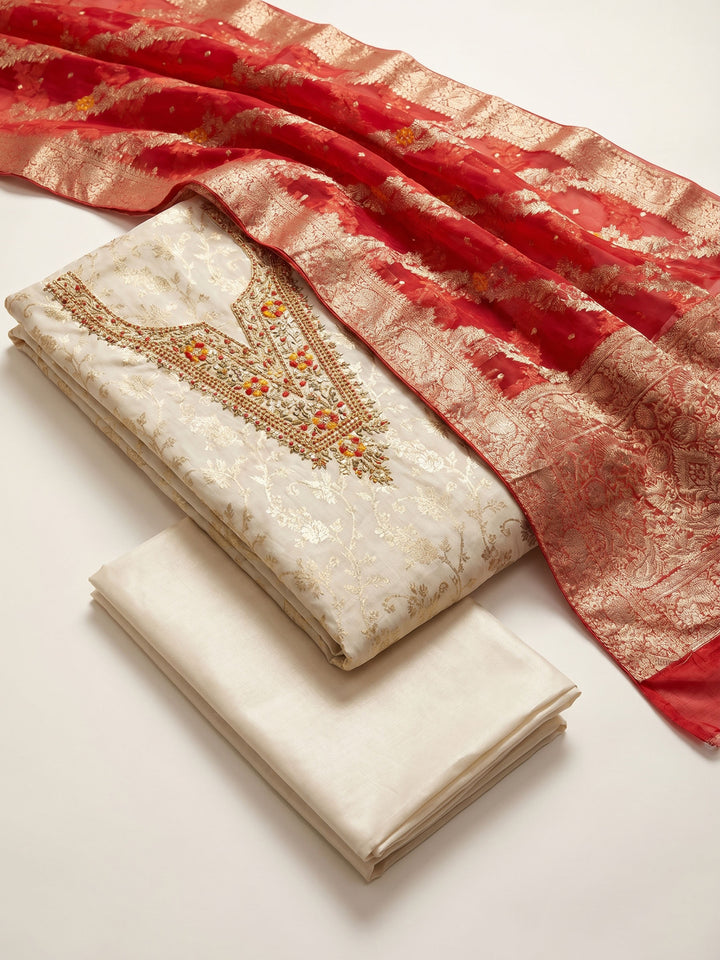 Cream Red Embroidered Chanderi Unstitched Suit &amp; Pant With Chanderi Dupatta
