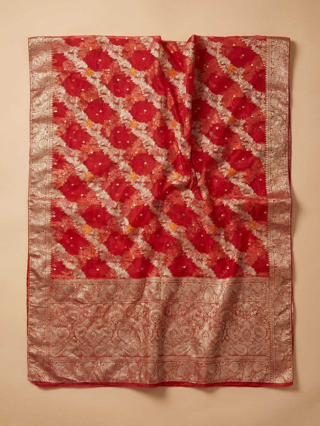 Cream Red Embroidered Chanderi Unstitched Suit &amp; Pant With Chanderi Dupatta