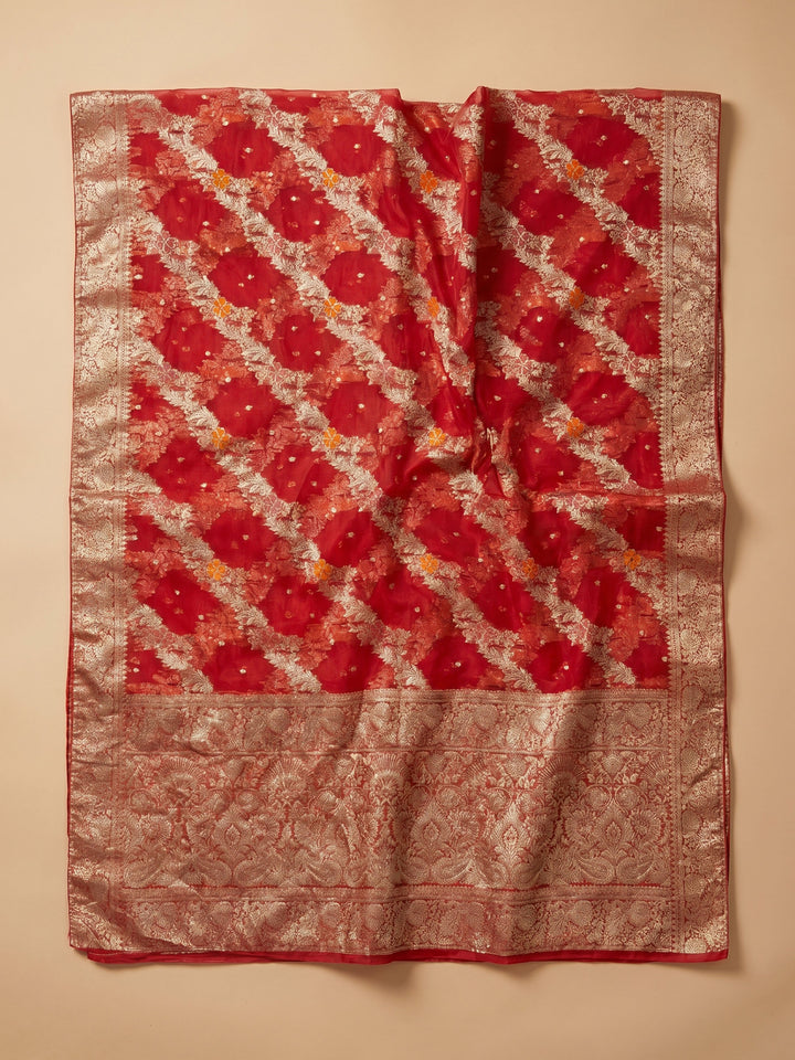 Cream Red Embroidered Chanderi Unstitched Suit &amp; Pant With Chanderi Dupatta